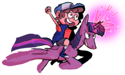 Size: 900x539 | Tagged: safe, artist:stevetwisp, twilight sparkle, alicorn, pony, g4, awesome, crossover, diplight, dipper pines, gravity falls, humans riding ponies, magic, male, pony falls, riding, simple background, transparent background, twilight sparkle (alicorn)