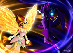 Size: 1024x745 | Tagged: safe, artist:teammagix, sci-twi, sunset shimmer, twilight sparkle, equestria girls, g4, my little pony equestria girls: friendship games, daydream shimmer, fight, midnight sparkle