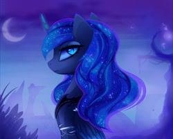 Size: 2500x2000 | Tagged: safe, artist:magnaluna, princess luna, alicorn, pony, bedroom eyes, crescent moon, female, jewelry, mare, moon, rear view, slit pupils, solo