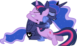 Size: 5870x3530 | Tagged: safe, artist:90sigma, princess luna, twilight sparkle, alicorn, pony, unicorn, a canterlot wedding, g4, .svg available, duo, duo female, female, folded wings, horn, hug, lesbian, mare, ship:twiluna, shipping, simple background, transparent background, unicorn twilight, vector, wings, wings down