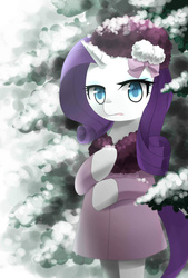 Size: 1100x1628 | Tagged: safe, artist:owlgrandfather, rarity, semi-anthro, g4, clothes, coat, female, hat, snow, solo, winter