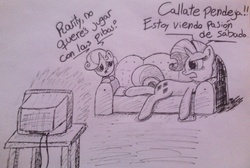 Size: 2560x1723 | Tagged: safe, artist:appleponi, rarity, sweetie belle, pony, unicorn, g4, argentina, sofa bed, television, traditional art, watching, yelling