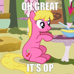 Size: 302x302 | Tagged: safe, edit, edited screencap, screencap, cherry berry, earth pony, pony, g4, too many pinkie pies, angry, animated, background pony, bowl, caption, cropped, female, looking back, mare, meme, op, reaction image, sitting, solo, table, text, upset