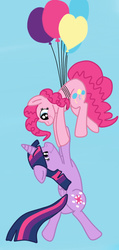 Size: 356x750 | Tagged: safe, artist:squipycheetah, pinkie pie, twilight sparkle, alicorn, pony, g4, balloon, dangling, female, folded wings, hanging on, lesbian, mare, ship:twinkie, shipping, smiling, then watch her balloons lift her up to the sky, trust, twilight sparkle (alicorn), windswept mane