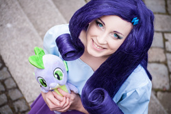 Size: 640x425 | Tagged: safe, artist:rozenmay, rarity, spike, human, g4, clothes, cosplay, costume, equestria girls outfit, irl, irl human, photo, plushie