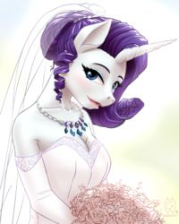 Size: 2800x3508 | Tagged: safe, artist:mykegreywolf, rarity, anthro, g4, beautiful, breasts, bride, cleavage, clothes, cute, dress, female, high res, lipstick, necklace, raribetes, reasonably sized breasts, solo, wedding dress