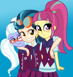 Size: 1283x1350 | Tagged: safe, artist:oneovertwo, indigo zap, sour sweet, sugarcoat, equestria girls, g4, my little pony equestria girls: friendship games, bowtie, clothes, ear piercing, earring, female, freckles, glasses, goggles, jewelry, piercing, pigtails, ponytail, school uniform, vest