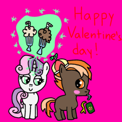 Size: 768x768 | Tagged: safe, artist:pinkiethepowerpuff, button mash, sweetie belle, g4, blushing, female, food, male, milkshake, ship:sweetiemash, shipping, simple background, straight, valentine's day