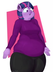 Size: 948x1280 | Tagged: safe, artist:juicyfruit, twilight sparkle, anthro, g4, bbw, chubby, clothes, fat, female, pants, solo, sweater