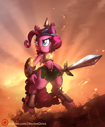 Size: 1150x1386 | Tagged: safe, artist:dfectivedvice, artist:vest, pinkie pie, earth pony, anthro, unguligrade anthro, g4, clothes, colored, ear fluff, female, helmet, patreon, patreon logo, shield, smiling, solo, sword, weapon