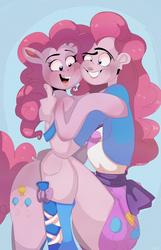 Size: 1024x1587 | Tagged: safe, artist:mili-kat, pinkie pie, earth pony, human, pony, equestria girls, g4, duality, hug, human ponidox, mare