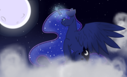 Size: 1024x622 | Tagged: safe, artist:liefsong, princess luna, alicorn, pony, g4, cloud, female, moon, night, sitting, solo, spread wings, wings