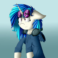 Size: 1640x1653 | Tagged: safe, artist:vanillaghosties, dj pon-3, vinyl scratch, pony, unicorn, g4, bipedal, clothes, confused, female, floppy ears, gradient background, headphones, hoodie, mare, solo, sunglasses