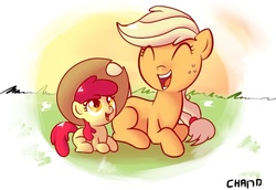 Size: 604x416 | Tagged: safe, artist:chano-kun, apple bloom, applejack, earth pony, pony, g4, accessory swap, clothes, cute, eyes closed, female, filly, happy, hat, mare, open mouth, oversized clothes, oversized hat, prone, signature, smiling