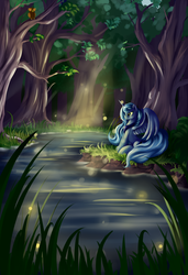 Size: 3900x5700 | Tagged: safe, artist:grennadder, princess luna, firefly (insect), g4, big hooves, female, forest, pond, solo