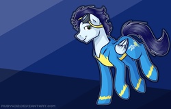 Size: 1240x790 | Tagged: safe, artist:rubywave32, soarin', pegasus, pony, g4, clothes, goggles, male, solo, stallion, uniform, wonderbolts uniform