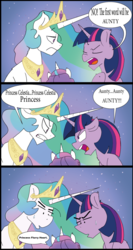 Size: 852x1605 | Tagged: safe, artist:cheerfulcolors, edit, princess celestia, princess flurry heart, twilight sparkle, g4, season 6, comic, dialogue