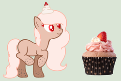 Size: 1364x912 | Tagged: safe, artist:thunderlist, oc, oc only, oc:sweetiecream, earth pony, pony, base used, cupcake, cupcake pony, female, food, mare, smiling, solo, strawberry