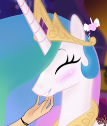 Size: 837x994 | Tagged: safe, artist:dragk, edit, princess celestia, human, g4, arm, blushing, chin scratch, cute, cutelestia, eyes closed, grin, hand, heart, petting, smiling