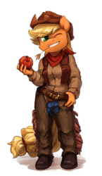 Size: 856x1477 | Tagged: safe, artist:audrarius, applejack, earth pony, anthro, g4, apple, chaps, clothes, female, food, grin, simple background, solo, straw, white background, wink