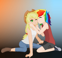 Size: 625x584 | Tagged: safe, artist:rarity-pie, applejack, rainbow dash, human, g4, female, humanized, kissing, lesbian, ship:appledash, shipping