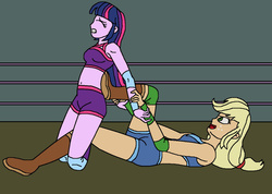 Size: 1024x728 | Tagged: safe, artist:avispaneitor, applejack, twilight sparkle, equestria girls, g4, belly button, equestria girls wrestling series, midriff, submission, submission hold, wrestling, wrestling ring