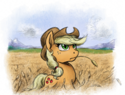 Size: 800x609 | Tagged: safe, artist:hewison, applejack, earth pony, pony, g4, female, hay stalk, looking up, mare, solo