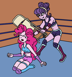Size: 701x748 | Tagged: safe, artist:avispaneitor, pinkie pie, suri polomare, equestria girls, g4, belly button, chair, clothes, equestria girls wrestling series, female, folding chair, midriff, sports bra, this will end in tears and/or death, wrestling, wrestling ring