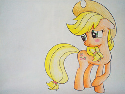 Size: 3264x2448 | Tagged: safe, artist:bluecat-alextwtewy, applejack, g4, blushing, female, high res, solo, traditional art