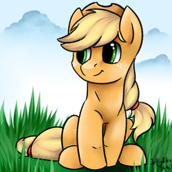 Size: 1000x1000 | Tagged: safe, artist:intfighter, applejack, earth pony, pony, g4, cloud, cute, female, freckles, grass, hat, jackabetes, mare, outdoors, signature, sitting, solo