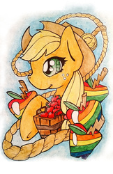 Size: 1024x1583 | Tagged: safe, artist:tank-and-dps, applejack, g4, apple, female, food, rope, solo, zap apple