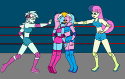 Size: 1024x652 | Tagged: safe, artist:avispaneitor, aloe, bon bon, lotus blossom, lyra heartstrings, sweetie drops, equestria girls, g4, belly button, clothes, elbow pads, equestria girls wrestling series, equestria girls-ified, head first, midriff, spa twins, sports bra, tag team, wrestling, wrestling ring