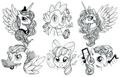 Size: 1280x807 | Tagged: safe, artist:talonsword, apple bloom, princess celestia, princess luna, scootaloo, spike, sweetie belle, g4, cutie mark crusaders, gem, grayscale, monochrome, sketch