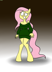 Size: 1127x1554 | Tagged: safe, artist:mofetafrombrooklyn, fluttershy, anthro, g4, cleavage, clothes, female, shoulderless, solo, sweater, sweater dress, sweatershy