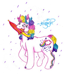 Size: 1487x1728 | Tagged: safe, artist:animagicworld, raincurl, g1, female, rainbow curl pony, solo, traditional art, umbrella