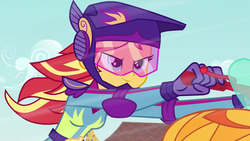 Size: 1280x720 | Tagged: safe, screencap, sunset shimmer, equestria girls, g4, my little pony equestria girls: friendship games, female, helmet, motocross outfit, motorcross, motorcycle, riding, solo