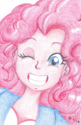 Size: 600x919 | Tagged: safe, artist:mayorlight, pinkie pie, equestria girls, g4, colored pencil drawing, female, grin, looking at you, portrait, solo, traditional art, wink
