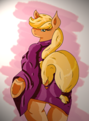 Size: 1343x1831 | Tagged: safe, artist:charrez, applejack, earth pony, anthro, g4, bipedal, clothes, dock, dressing gown, female, looking back, solo, underhoof