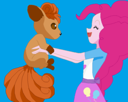 Size: 586x468 | Tagged: safe, artist:quinnbases, artist:ultra-shounen-kai-z, pinkie pie, fox, human, kitsune, vulpix, equestria girls, g4, base used, blue background, crossover, eyes closed, female, happy, open mouth, open smile, pokémon, simple background, smiling, this will end in tears