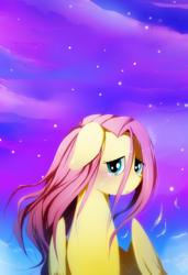 Size: 617x900 | Tagged: safe, artist:skyeypony, part of a set, fluttershy, g4, bust, crying, female, floppy ears, looking at you, sad, sky, solo, turned head, windswept mane