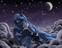 Size: 4500x3500 | Tagged: safe, artist:morevespenegas, princess luna, alicorn, pony, g4, cloud, crescent moon, female, flying, mare, moon, night, reddit, snoo, stars