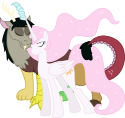 Size: 4736x4495 | Tagged: safe, artist:jennieoo, discord, princess celestia, alicorn, draconequus, pony, g4, absurd resolution, duo, ethereal mane, eyes closed, female, male, mare, pink-mane celestia, ship:dislestia, shipping, show accurate, simple background, straight, teenager, transparent background, vector, young, younger