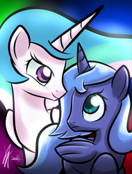 Size: 1366x1800 | Tagged: safe, artist:mister-markers, princess celestia, princess luna, alicorn, pony, g4, female, filly, filly celestia, filly luna, looking at each other, princess, royal sisters, siblings, sisters, woona, young, younger