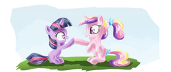 Size: 1087x459 | Tagged: safe, artist:lalindaaa, princess cadance, twilight sparkle, g4, babysitting, filly, filly twilight sparkle, foalsitter