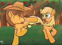 Size: 1500x1071 | Tagged: safe, artist:mister-markers, applejack, caramel, earth pony, pony, g4, accessory theft, female, hair tie, hat, male, mare, ship:carajack, shipping, stallion, straight