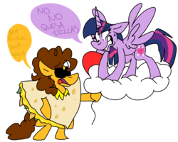 Size: 1024x821 | Tagged: safe, artist:dizzee-toaster, cheese sandwich, twilight sparkle, alicorn, pony, g4, balloon, clothes, cloud, costume, dialogue, female, food, food costume, frown, gritted teeth, mare, quesadilla, quesadilla costume, simple background, spread wings, they're just so cheesy, transparent background, twilight sparkle (alicorn)