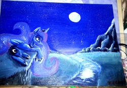 Size: 980x679 | Tagged: safe, artist:vincher, princess luna, alicorn, pony, g4, female, moon, night, prone, river, solo, traditional art
