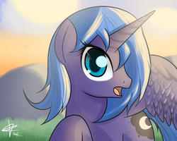 Size: 1280x1024 | Tagged: safe, artist:mister-markers, princess luna, alicorn, pony, g4, female, looking at you, mare, open mouth, s1 luna, solo, sunset