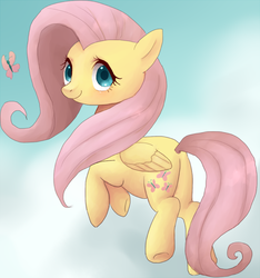 Size: 600x642 | Tagged: safe, artist:faeriebottle, fluttershy, butterfly, pegasus, pony, g4, butt, cloud, cute, female, folded wings, looking at you, looking back, mare, plot, shyabetes, solo