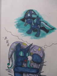 Size: 1024x1365 | Tagged: safe, artist:butaniku48, trixie, alicorn, pony, g4, alicornified, dream, female, pillow, race swap, sleeping, solo, traditional art, trixiecorn